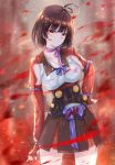  1girl black_gloves black_hair fingerless_gloves gloves hair_ornament hand_on_hip koutetsujou_no_kabaneri looking_at_viewer mumei_(kabaneri) red_eyes sayo shrot_hair skirt solo 