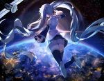  1girl absurdly_long_hair backlighting blue_hair detached_sleeves eno_ko from_behind hatsune_miku highres long_hair panties skirt solo thigh-highs twintails underwear very_long_hair vocaloid 