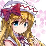  1girl :o alternate_costume bare_shoulders blonde_hair blue_eyes blush bow bowtie capelet china_dress chinese_clothes cleavage_cutout dress hair_bow hat lily_white long_hair looking_at_viewer ryogo solo touhou 