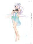  1girl altina_(shining_blade) bare_legs bare_shoulders barefoot blue_eyes breasts full_body hair_ornament half_updo hand_on_own_chest highres looking_at_viewer navel navel_cutout one-piece_swimsuit pointy_ears shining_(series) shining_blade side-tie_swimsuit silver_hair simple_background solo standing standing_on_one_leg swimsuit tanaka_takayuki turtleneck under_boob 
