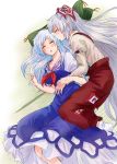  2girls breasts collared_shirt couple dress fujiwara_no_mokou hair_kiss hug hug_from_behind kamishirasawa_keine kiss large_breasts long_dress long_hair lying multiple_girls no_hat on_floor on_side pants pillow shirt sleeping socks spooning suspenders touhou unya very_long_hair yuri 