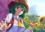  3girls ascot dutch_angle elly field flower flower_field green_hair hat hat_ribbon highres kazami_yuuka long_sleeves looking_at_viewer mountain multiple_girls nature open_mouth parasol plaid plaid_vest puffy_sleeves red_eyes ribbon shirt smile solo_focus stairs sunflower torii touhou touhou_(pc-98) umbrella upper_body vest wriggle_nightbug xargo 