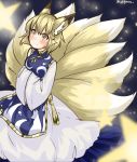  1girl animal_ears blonde_hair dress egret fox_ears fox_tail frills hands_in_sleeves highres long_sleeves multiple_tails no_hat solo star tabard tail touhou white_dress wide_sleeves yakumo_ran yellow_eyes 