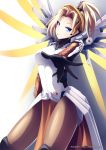  1girl artist_name blonde_hair blue_eyes bodysuit breastplate breasts high_ponytail long_sleeves looking_at_viewer mechanical_halo mechanical_wings mercy_(overwatch) mimelex open_mouth outstretched_hand overwatch pantyhose ponytail power_suit reaching_out short_hair solo swiss_flag watermark web_address wings 