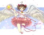  1girl :d bow brown_hair cardcaptor_sakura choker confetti dress green_eyes hair_bow highres hoshi_no_tsue kinomoto_sakura kona_(mmmkona) leg_garter magical_girl open_mouth puffy_short_sleeves puffy_sleeves ribbon short_sleeves single_thighhigh smile staff star thigh-highs twintails white_legwear wings 