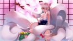  2girls animal_ears bare_shoulders blush breasts cat_ears cherry_blossoms cleavage closed_eyes crusaders_quest green_hair highres kitsune long_hair multiple_girls multiple_tails nude red_eyes sitting sleeping smile squidsmith sweat tail white_hair 