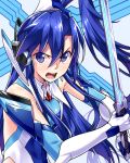  1girl blue blue_eyes blue_hair chikugen_shiina holding kazanari_tsubasa looking_at_viewer open_mouth ponytail senki_zesshou_symphogear solo sword weapon 