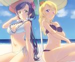  2girls :o ;) ayase_eli bangs beach beach_umbrella bikini blonde_hair blue_eyes blue_sky blush breasts closed_mouth clouds flower frilled_bikini frills green_eyes hair_down hair_flower hair_ornament hair_scrunchie halterneck hand_on_own_arm hibiscus holding_arm large_breasts lens_flare long_hair love_live!_school_idol_project low_twintails multiple_girls o-ring_bikini o-ring_top ocean on_ground one_eye_closed outdoors pink_flower purple_bikini rose sand scrunchie shade side-tie_bikini sitting sky smile swept_bangs swimsuit tomiwo toujou_nozomi twintails umbrella very_long_hair white_bikini 