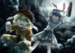  2girls animal_ears arms_up blonde_hair blood bloody_weapon blue_dress blue_hair clouds cloudy_sky dango dena.ei dress eating food glowing glowing_eyes hat mallet multiple_girls open_mouth puffy_short_sleeves puffy_sleeves rabbit_ears red_eyes ringo_(touhou) seiran_(touhou) short_sleeves sky squatting standing touhou wagashi weapon 