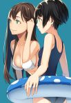  2girls arms_at_sides ass back bangs bikini black_hair blue_background blue_swimsuit blush breasts brown_hair cleavage closed_mouth collarbone green_eyes hair_tucking holding innertube kimura_(ykimu) large_breasts leaning_forward long_hair multiple_girls one-piece_swimsuit original polka_dot profile school_swimsuit short_hair sideboob simple_background small_breasts smile strap_gap swimsuit white_bikini 