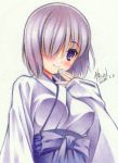  1girl blush breasts dated fate/grand_order fate_(series) hair_over_one_eye hand_on_own_face japanese_clothes kimono large_breasts looking_at_viewer purple_hair shielder_(fate/grand_order) short_hair signature smile solo violet_eyes yuto_cafe 