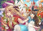  2girls alice_(wonderland)_(cosplay) alice_in_wonderland animal_ears apron bangs black_bow blonde_hair blue_bow blue_dress blue_eyes blue_sky blush bottle bow bowtie braid brown_hair cake card castle cat chair cheshire_cat clarinet_(natsumi3230) clouds collaboration cup dress empty_eyes eyebrows eyebrows_visible_through_hair fang flower food formal frilled_dress frills glasses hair_between_eyes hair_bow hair_bun holding key long_hair madogawa multiple_girls open_mouth original outstretched_arm plate pocket_watch puffy_short_sleeves puffy_sleeves rabbit rabbit_ears red_eyes rose sash scrunchie short_sleeves sky smile suit table teacup teapot tree waist_apron watch white_rabbit_(cosplay) wrist_cuffs yellow_eyes 