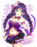  1girl aqua_eyes black_skirt braid breasts character_name cleavage flower frilled_skirt frills hair_flower hair_ornament highres kakizato long_hair looking_at_viewer love_live!_school_idol_project midriff navel open_mouth purple_hair purple_legwear skirt solo thigh-highs toujou_nozomi twin_braids 