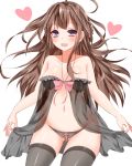  1girl ahoge ass_visible_through_thighs babydoll black_legwear black_panties blush bow bowtie breasts brown_hair collarbone contrapposto double_bun eyebrows eyebrows_visible_through_hair groin highres kantai_collection kongou_(kantai_collection) lingerie long_hair looking_at_viewer navel panties pikatchi pink_bow pink_bowtie see-through simple_background solo standing stomach tareme thigh-highs underwear very_long_hair violet_eyes white_background 