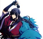  1boy black_hair blue_eyes braid izumi-no-kami_kanesada japanese_clothes katana long_hair muku_(pixiv3207772) shinsengumi solo sword touken_ranbu weapon 