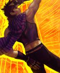 1boy ass blue_eyes brown_hair dutch_angle fingerless_gloves from_behind gloves hand_in_hair hand_on_own_ass jojo_no_kimyou_na_bouken joseph_joestar_(young) levianee looking_back male_focus muscle purple_scarf scarf smile solo striped striped_scarf 