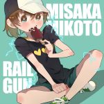  1girl baseball_cap brown_eyes brown_hair casual electricity hat indian_style luo. misaka_mikoto popsicle short_hair sitting to_aru_kagaku_no_railgun to_aru_majutsu_no_index 