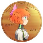  1girl bow coin freckles green_eyes hair_bow orange_hair penny_polendina pun rwby smile 