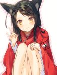  1girl animal_ears black_hair brown_eyes copyright_request fox_ears hand_gesture hand_on_own_knee io_enishi knees_together_feet_apart long_sleeves looking_at_viewer ribbon_trim simple_background slit_pupils solo white_background 