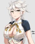  1girl asymmetrical_hair breasts cleavage_cutout cloud_print crop_top eyebrows eyebrows_visible_through_hair hair_between_eyes hair_ornament hand_on_own_chest kantai_collection large_breasts light_smile long_hair looking_at_viewer parted_lips short_sleeves silver_hair taka_(vert_320) unryuu_(kantai_collection) upper_body very_long_hair yellow_eyes 