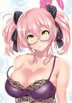  1girl bangs bespectacled black_ribbon bra breasts cleavage collarbone eyebrows eyebrows_visible_through_hair frilled_bra frills glasses green_eyes hair_between_eyes hair_ribbon highres idolmaster idolmaster_cinderella_girls jougasaki_mika large_breasts lingerie looking_at_viewer pink_hair purple-framed_glasses purple_bra ribbon sankakusui_(deltawhite) semi-rimless_glasses short_hair sidelocks solo twintails two_side_up underwear upper_body yellow_eyes 