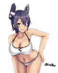  1girl bare_arms bikini breasts clenched_teeth collarbone eyepatch grin hair_between_eyes halterneck hand_on_hip headgear kantai_collection large_breasts leaning_forward looking_at_viewer midriff navel parted_lips purple_hair smile swimsuit taka_(vert_320) teeth tenryuu_(kantai_collection) thighs white_bikini yellow_eyes 