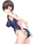  1girl black_eyes black_hair blush breasts kfr long_hair one-piece_swimsuit open_mouth original ponytail profile simple_background solo swimsuit 