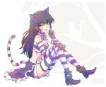 1girl alternate_costume animal_ears black_hair blake_belladonna breasts cat_ears cat_tail cleavage eyeliner gloves highres iesupa makeup rwby smile solo striped striped_gloves striped_legwear striped_tail tail yellow_eyes 