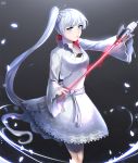  1girl blue_eyes dress earrings high_collar jacket jewelry kkkok__a lace-trimmed_skirt left-handed long_hair necklace rwby scar scar_across_eye side_ponytail solo sword weapon weiss_schnee white_hair 