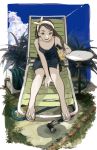  1girl chair clouds drink drinking_straw glass hose looking_at_viewer original sagami_(rankaaisiteru) sandals smile table tree 