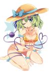  1girl ;) barefoot bikini bow breasts cleavage eyeball full_body green_eyes green_hair hat hat_bow heart heart-shaped_pupils heart_of_string highres komeiji_koishi maturiuta_sorato short_hair simple_background sitting smile solo sun_hat swimsuit symbol-shaped_pupils third_eye touhou wariza wink 