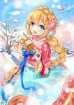  1girl ayami_(annahibi) bangs blonde_hair blue_eyes blush braid cowboy_shot crown_braid dress earmuffs flower hair_flower hair_ornament hanbok highres kite korean_clothes long_hair looking_at_viewer marie_(sid_story) official_art open_mouth outdoors sid_story smile snow solo very_long_hair winter 