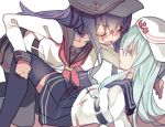  akatsuki_(kantai_collection) bangs black_hair blue_eyes blue_hair blush cis_(carcharias) closed_eyes hand_on_another&#039;s_leg hat hibiki_(kantai_collection) kantai_collection kneeling leg_grab long_hair lying neckerchief on_back open_mouth pantyhose pleated_skirt remodel_(kantai_collection) school_uniform serafuku sketch skirt smile sweatdrop thigh-highs verniy_(kantai_collection) 