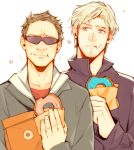  2boys avengers:_age_of_ultron brown_hair clint_barton doughnut eating facial_hair food kyosuke male_focus marvel multiple_boys pietro_maximoff silver_hair stubble sunglasses white_hair 