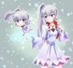  1girl blue_eyes chibi chibi_inset earrings facial_scar glyph highres iesupa jewelry necklace rwby scar side_ponytail smile solo weiss_schnee white_hair 