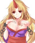  &gt;:) 1girl aosaki_yukina bare_shoulders blonde_hair breast_suppress breasts chain cleavage collarbone cuffs horn hoshiguma_yuugi hoshiguma_yuugi_(promo) japanese_clothes kimono large_breasts long_hair looking_at_viewer no_bra obi off_shoulder sash shackles smile solo touhou upper_body white_background yellow_eyes 