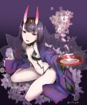  1girl :d alcohol alle_gro arm_at_side bangs cherry_blossoms collarbone eyebrows eyebrows_visible_through_hair fate/grand_order fate_(series) floral_background flower from_above full_body gradient gradient_background hair_ornament holding horns japanese_clothes jewelry kimono looking_at_viewer navel off_shoulder oni open_clothes open_kimono open_mouth outstretched_arm purple purple_background purple_hair revealing_clothes sakazuki sake short_hair shuten_douji_(fate/grand_order) sitting small_breasts smile solo stomach translation_request twitter_username violet_eyes 