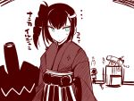  ancient_destroyer_oni bangs black_hair blue_eyes cannon character_request drill_hair drum_(container) hakama japanese_clothes kantai_collection kimono looking_back meiji_schoolgirl_uniform northern_ocean_hime orange_eyes pt_imp_group sako_(bosscoffee) side_ponytail sweatdrop translation_request white_hair 