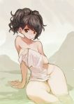  1girl black_hair breasts brown_eyes looking_at_viewer nude saitou_masatsugu sitting solo towel youkai_hyakki-tan! 