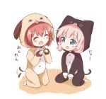  2girls :d ^_^ akaza_akari animal_costume araki495 blush cat_costume cat_tail closed_eyes commentary_request dog_costume dog_tail fake_tail long_sleeves multiple_girls open_mouth pink_hair short_hair smile tail tail_wagging yoshikawa_chinatsu yuru_yuri 