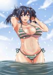 1girl :d alternate_costume bare_arms bare_shoulders bikini blue_eyes blue_hair breasts chan_(akuty_ikkot) hair_between_eyes highres kantai_collection large_breasts looking_at_viewer midriff navel open_mouth partially_submerged short_twintails side-tie_bikini smile souryuu_(kantai_collection) striped striped_bikini swimsuit twintails water wet wet_clothes 
