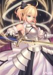  1girl absurdres ahoge aqua_eyes armor bare_shoulders bow breastplate detached_sleeves fate_(series) gauntlets gorget hair_bow highres long_hair looking_at_viewer ponytail saber saber_lily smile sword weapon yus 