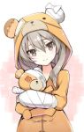  1girl animal_costume bear_costume blush brown_eyes brown_hair girls_und_panzer long_hair looking_at_viewer minoa_(lastswallow) shimada_arisu solo stuffed_animal stuffed_toy teddy_bear 