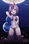  1girl backlighting bangs black_background blue_background blunt_bangs bob_cut breasts breasts_apart collarbone eyebrows eyebrows_visible_through_hair fang fate/grand_order fate_(series) gourd gradient gradient_background head_tilt horns jewelry kneeling looking_at_viewer moon navel oni petals purple_hair revealing_clothes short_hair shuten_douji_(fate/grand_order) small_breasts solo thick_eyebrows tsurime violet_eyes 