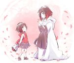  2girls brown_hair cloak flower gradient_hair grey_eyes highres hood hooded_cloak iesupa kneeling mother&#039;s_day mother_and_daughter multicolored_hair multiple_girls redhead ruby_rose rwby skirt steepled_fingers summer_rose younger 