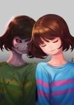  androgynous black_sclera brown_hair chara_(undertale) closed_eyes collarbone evil_grin evil_smile frisk_(undertale) gd_choco gradient gradient_background grin red_eyes shirt signature smile spoilers striped striped_shirt symmetry teeth undertale upper_body 