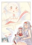  2girls :d alternate_costume baby closed_eyes commentary_request english grey_hair hair_ribbon hairband happy_birthday kantai_collection long_hair multiple_girls open_mouth ribbon sensen shoukaku_(kantai_collection) smile t-head_admiral twintails white_hair white_ribbon younger zuikaku_(kantai_collection) 