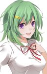  &gt;:d 1girl :d aosaki_yukina breasts green_hair hair_ornament hairclip looking_at_viewer neck_ribbon open_mouth original red_ribbon ribbon short_hair smile solo upper_body violet_eyes white_background white_blouse 