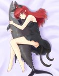  1girl animal_ears ass bare_arms bare_legs bare_shoulders barefoot black_dress breasts cat_ears cat_tail dress extra_ears fish gomi_(gomitin) hair_down kaenbyou_rin long_hair looking_at_viewer lying multiple_tails nightgown object_hug on_side puffy_sleeves red_eyes redhead sleeveless sleeveless_dress solo tail touhou two_tails 