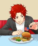  1boy 31sgic akagi_toma american_flag flag food french_fries gen&#039;ei_ibunroku_sharp_fe hamburger red_eyes redhead solo tongue 